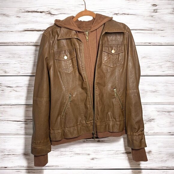 Coalition LA Camel Bomber Jacket Hoodie Double Zip Vegan Leather Sz Large NWT - Picture 2 of 12